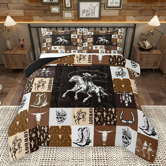 Homewish Western Cowboy Cowgirl Full Size Comforter Sets, Brown Buffalo Patchwork Bedding Comforter Set, Rustic Farmhouse Reversible Bedding Sets, Luxury Bedroom Decor, 3 Pieces