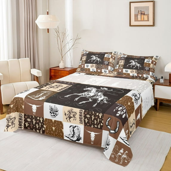 Homewish Western Cowboy Cowgirl Twin Sheet Sets, Brown Buffalo Patchwork Twin Fitted Sheet, Rustic Farmhouse Flat Sheet, Luxury Bedroom Decor, 3 Pieces