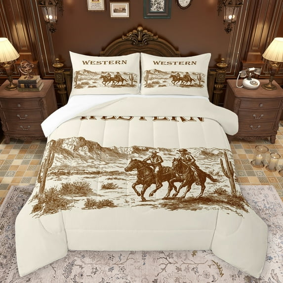 Homewish Western Cowboy Full Size Comforter Sets,Rustic Southwestern Tribal Bedding Comforter Set,Tropical Plant Cactus Bedding Sets For Girls Kids,Microfiber Bedroom Decor,3-Piece