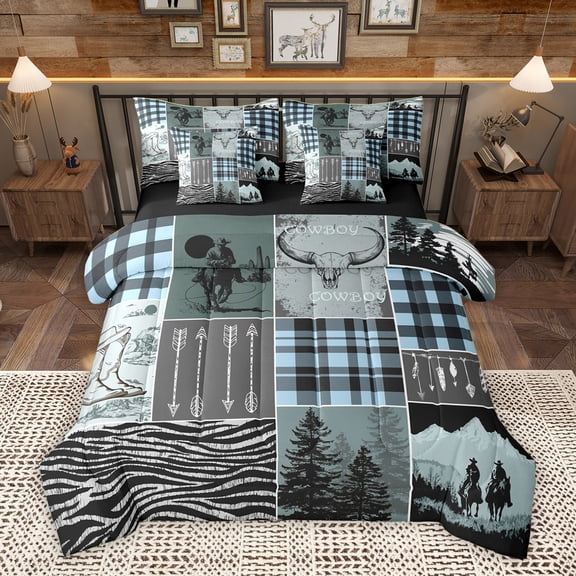 Homewish Western Cowboy Print Bedding Comforter Set 7 Pieces for Men, Green Blue Buffalo Patchwork Full Bedding Set, Rustic Farmhouse Reversible Fitted Sheet Flat Sheet, Super Cozy Room Decor