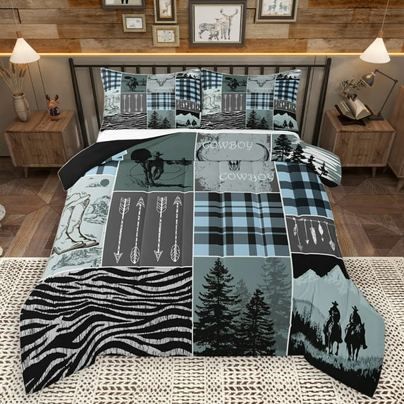 Homewish Western Cowboy Print Bedding Comforter Set for Men, Green Blue Buffalo Patchwork Twin Comforter Sets, Rustic Farmhouse Reversible Bedding Set, Super Cozy Room Decor, 2pcs