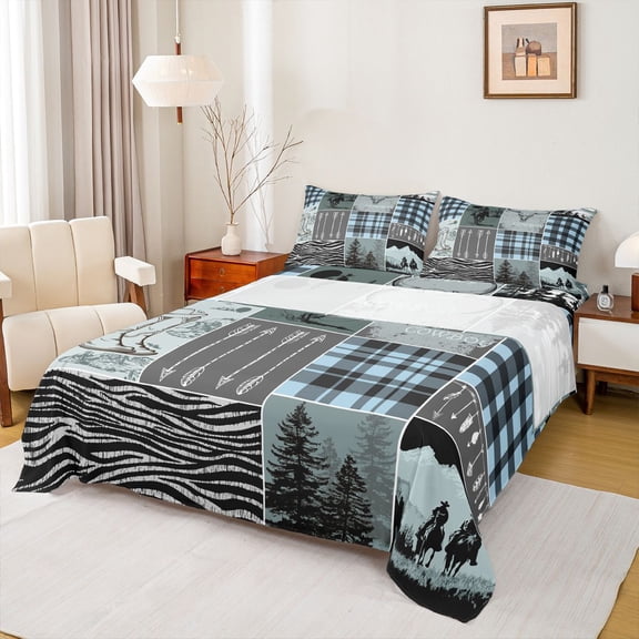 Homewish Western Cowboy Print Twin Sheet Sets for Men, Green Blue Buffalo Patchwork Twin Fitted Sheet, Rustic Farmhouse Flat Sheet, Super Cozy Room Decor, 3pcs
