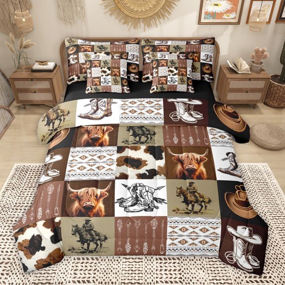 Homewish Western Cowboy Tribal 7-Piece Bedding Comforter Set,Rustic Cowhide King Bedding Sets,Country Farm Highland Cattle Bed Sheets For Children,Breathable Home Decor Reversible