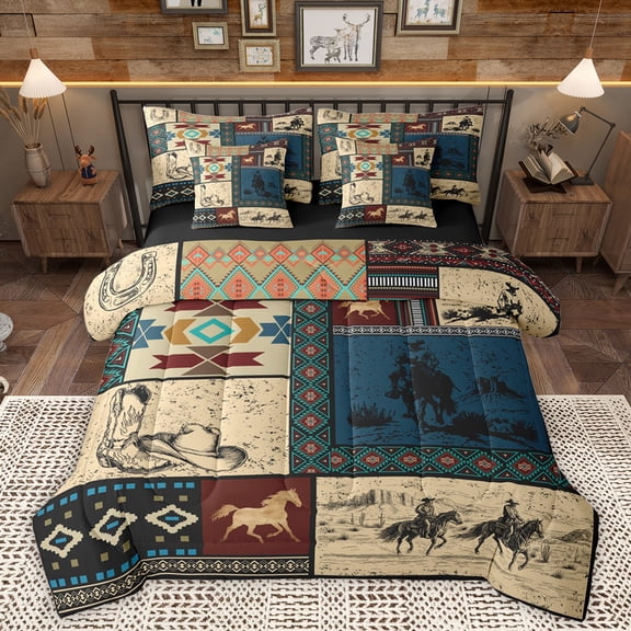 Homewish Western Cowboy Tribal 7pcs Bedding Comforter Set,Rustic Farmhouse Cabin Queen Bedding Sets,Patchwork Geometric Checkered Queen Sheet Sets For Adults,Luxury Bedroom Decor Reversible
