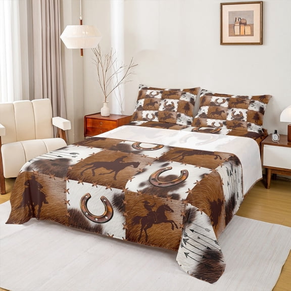 Homewish Western Cowboy Tribal Bed Sheets,Rustic Horseshoe King Sheets,Brown Patchwork Cowhide Sheet Set For Boys Kids,Breathable Home Decor,4 Pieces