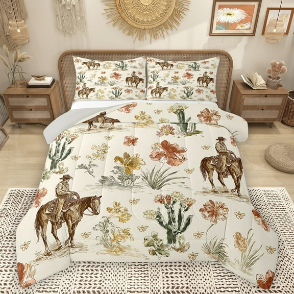 Homewish Western Cowboy Tribal Bedding Comforter Set,Desert Cactus Flower Twin Comforter Sets,Country Farmhouse Lodge Bedding Set For Boys Teens,Ultra Soft Home Decor Reversible,2pcs