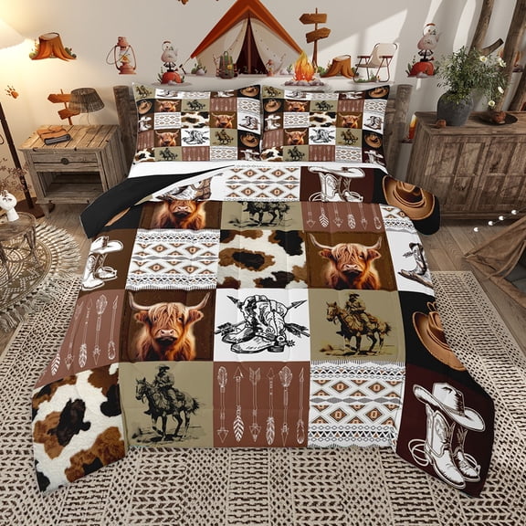 Homewish Western Cowboy Tribal Bedding Comforter Set,Rustic Cowhide Twin Comforter Sets,Country Farm Highland Cattle Bedding Set For Children,Breathable Home Decor Reversible,2pcs