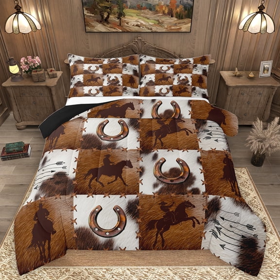 Homewish Western Cowboy Tribal Bedding Comforter Set,Rustic Horseshoe Twin Comforter Sets,Brown Patchwork Cowhide Bedding Set For Boys Kids,Breathable Home Decor Reversible,2 Pieces