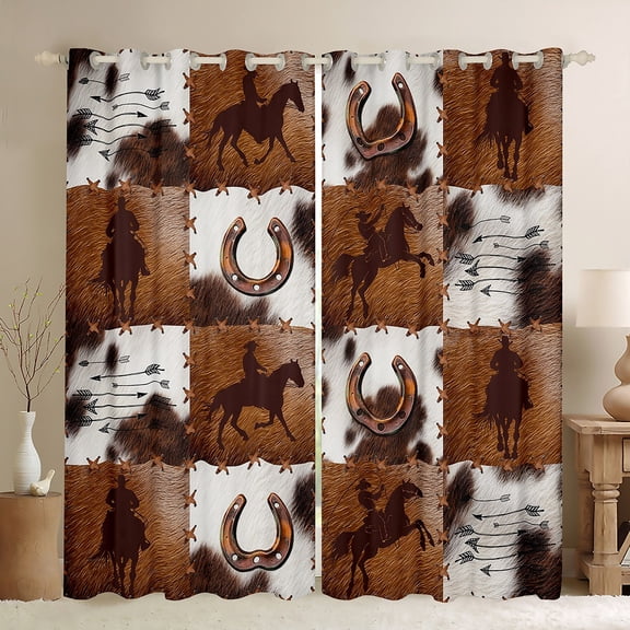 Homewish Western Cowboy Tribal Curtains Pack of 2 (42x84 Each),Rustic Horseshoe Curtains Blackout,Brown Patchwork Cowhide Bedroom Curtains For Boys Kids,Breathable Home Decor