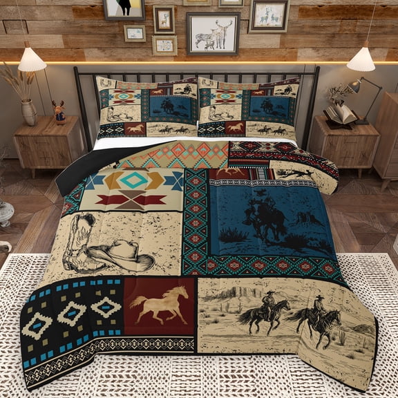 Homewish Western Cowboy Tribal Queen Comforter Set,Rustic Farmhouse Cabin Bedding Sets,Patchwork Geometric Checkered Bedding Comforter Set For Adults,Luxury Bedroom Decor Reversible,3 Pieces