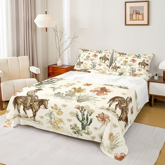 Homewish Western Cowboy Tribal Twin Sheet Sets,Desert Cactus Flower Twin Fitted Sheet,Country Farmhouse Lodge Flat Sheet For Boys Teens,Ultra Soft Home Decor,3pcs