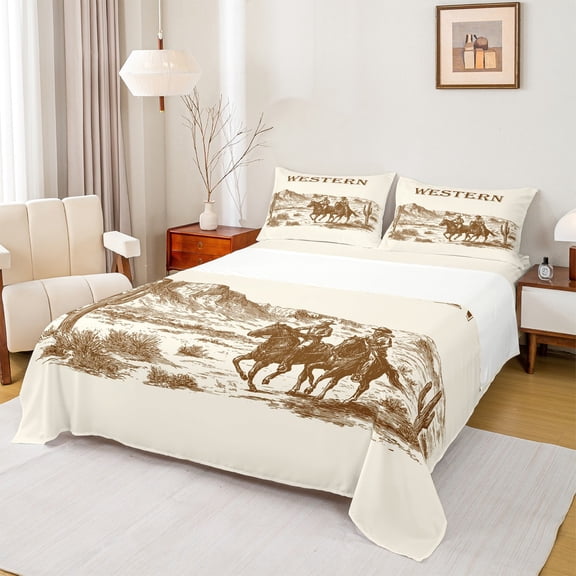 Homewish Western Cowboy Twin Sheet Sets,Rustic Southwestern Tribal Twin Fitted Sheet,Tropical Plant Cactus Flat Sheet For Girls Kids,Microfiber Bedroom Decor,3pcs