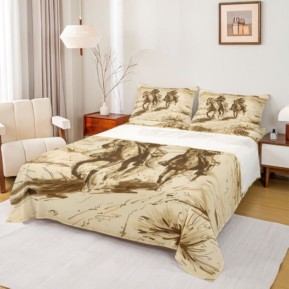 Homewish Western Cowboy Twin Sheet Sets,Rustic Southwestern Twin Fitted Sheet,Tropical Desert Flat Sheet For Girls Kids,Microfiber Bedroom Decor,3-Piece