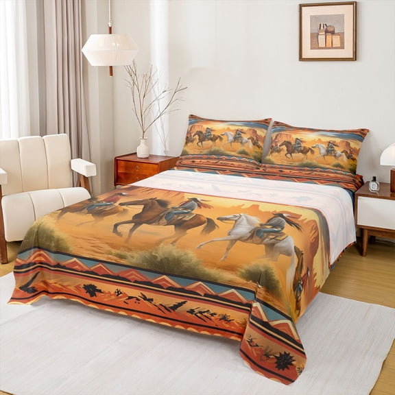 Homewish Western Cowboys Twin Sheet Sets 3pcs for Teens Boys Girls,Animal Horse Twin Fitted Sheet Microfiber,Exotic Style Breathable Flat Sheet,Luxury Bedroom Decor