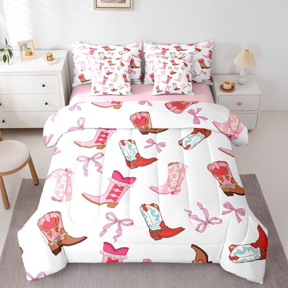 Homewish Western Cowgirl Boots 7-Piece Twin Bedding,Cute Bowtie Bedding Comforter Set,White Pink,Pink Reversible