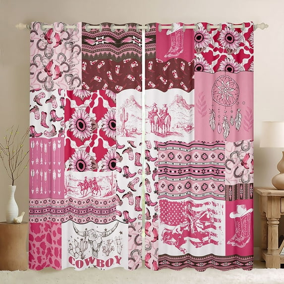 Homewish Western Cowgirl Boots Black Out Curtains,Rustic Bull Skull Curtains Pack of 2 (42x63 Each),Retro Horseshoe Bedroom Curtains For Girls Boys,Microfiber Bedroom Decor