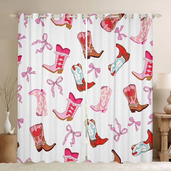 Homewish Western Cowgirl Boots Kitchen Curtains,Cute Bowtie Black Out Curtains Pack of 2 (42x63 Each),White Pink