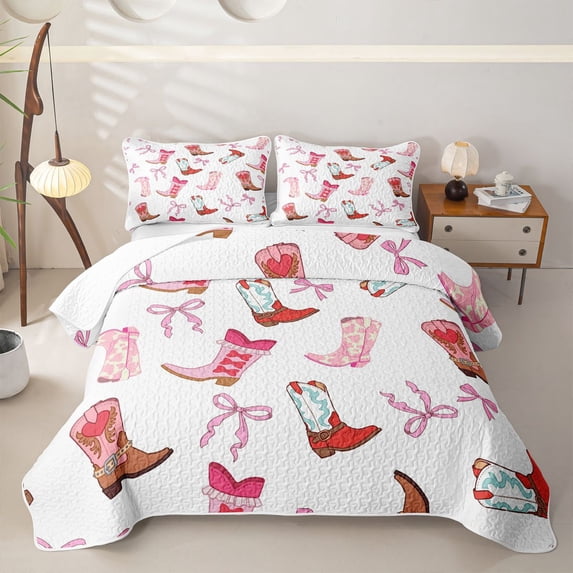 Homewish Western Cowgirl Boots Twin Quilt Set,Cute Bowtie Twin Coverlet Set,White Pink,2-Piece