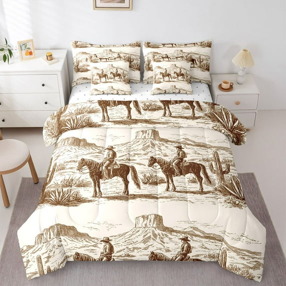 Homewish Western Cowgirl Cowboy 7-Piece Twin Bedding Sets For Teens Female Men,Botanical Cactus Bedding Comforter Set,Exotic Style Breathable Sheet Sets,Retro Vintage Room Decor,Reversible