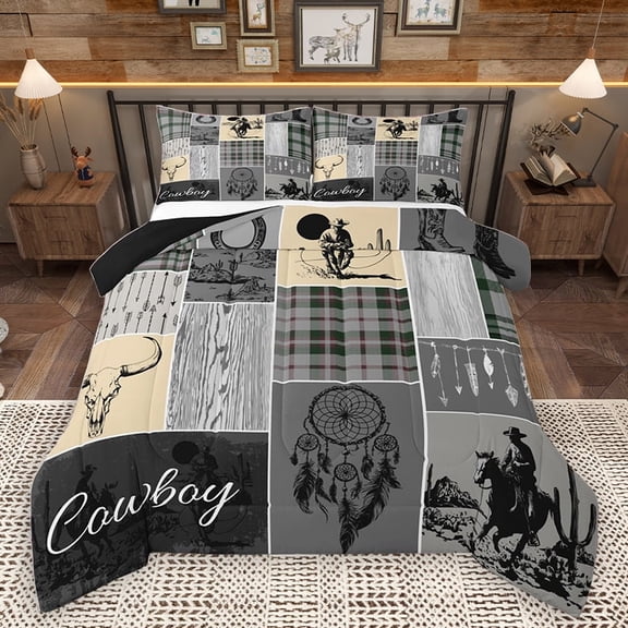Homewish Western Cowgirl Cowboy Bedding Comforter Set, Grey Cream Patchwork Twin Comforter Sets, Tribal Dreamy Catcher Reversible Bedding Set, Super Cozy Room Decor, 2pcs