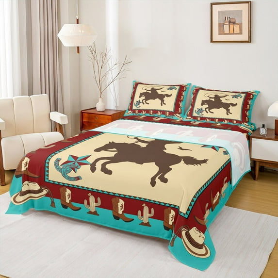 Homewish Western Cowgirl Cowboy Full Size Sheets, Rustic Horse Animal Bed Sheets, Vintage Fashion Theme Sheet Sets, Ultra Soft Bedroom Decor, 4 Pieces