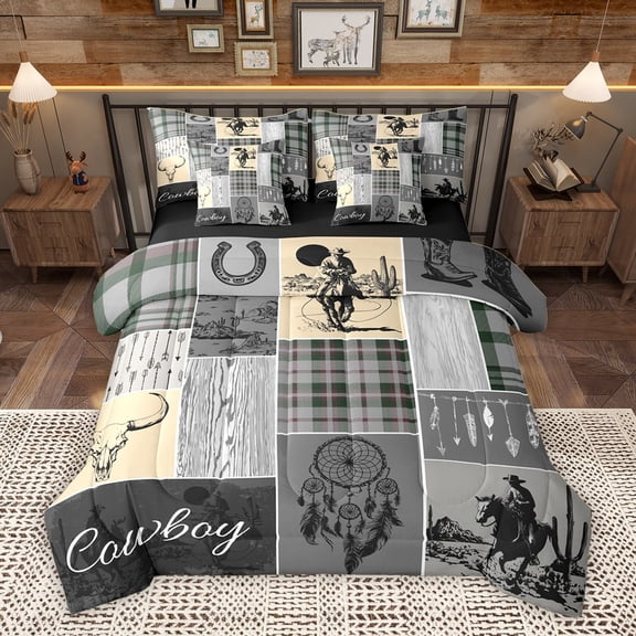 Homewish Western Cowgirl Cowboy Twin Bedding Sets 7-Piece, Grey Cream Patchwork Bedding Comforter Set, Tribal Dreamy Catcher Reversible Sheet Sets, Super Cozy Room Decor