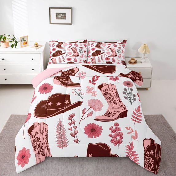 Homewish Western Cowgirl Hat Boots Queen Comforter Set,Pink Flowers Comforter Sets Queen,Pink Reversible,3-Piece,1 Comforter and 2 Pillowcases