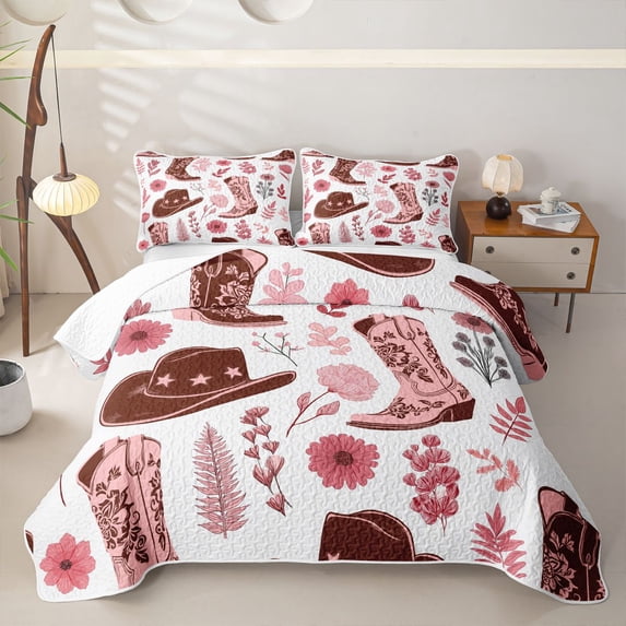 Homewish Western Cowgirl Hat Boots Quilt King,Pink Flowers King Coverlet Set,3 Pieces