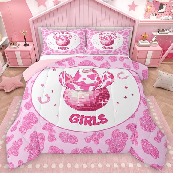Homewish Western Cowgirl Hat Queen Comforter Set,3D Disco Ball Bedding Sets,Rustic Cow Pattern Bedding Comforter Set For Girls Teens,Ultra Soft Home Decor Reversible,3pcs