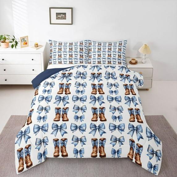 Homewish Western Cowgirls Boots Bedding Comforter Set,Cute Cartoon Bowtie Twin Comforter Sets,Blue Bow Knot Bedding Set For Princess Kids,Breathable Home Decor Reversible,2 Pieces