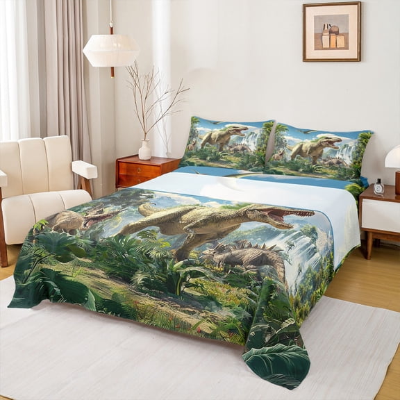 Homewish Western Dinosaur Kids Twin Sheet Sets, Cartoon Woodland Wildlife Twin Fitted Sheet, Palm Leaf Plant Flat Sheet, Lightweight Room Decor, 3pcs