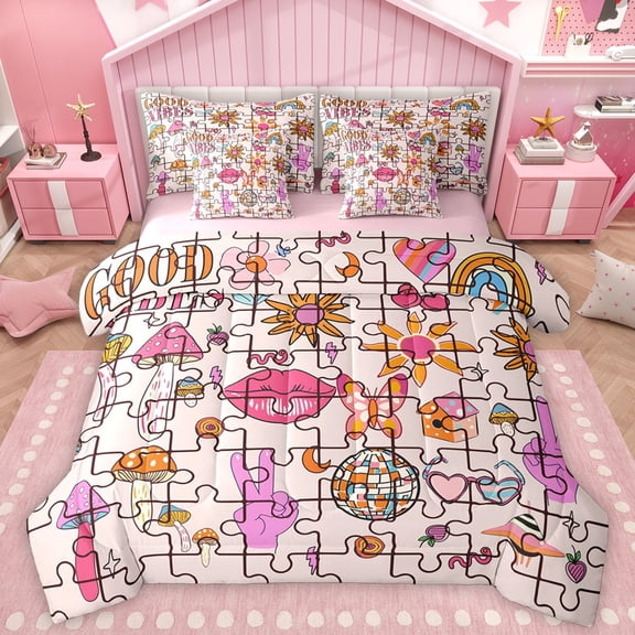 Homewish Western Disco Ball Bedding Comforter Set 7pcs, Kawaii Pink Cowgirl Queen Bedding Sets, Rustic Mushroom Butterfly Reversible Queen Sheet Sets, Ultra Soft Bedroom Decor