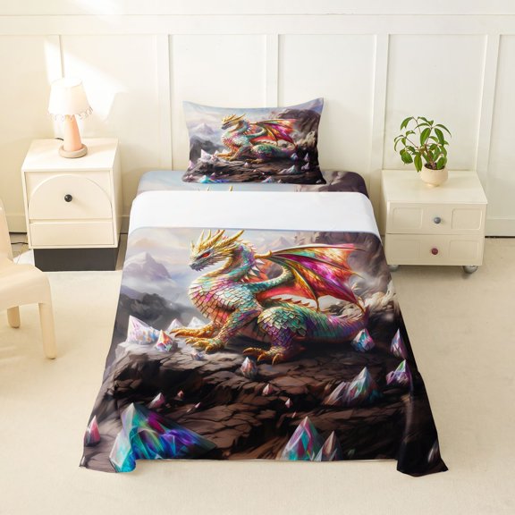 Homewish Western Dragon Twin Sheets,Magic Animal Bedding,Gray,3 Pieces,1 Fitted Sheet and 1 Pillowcase