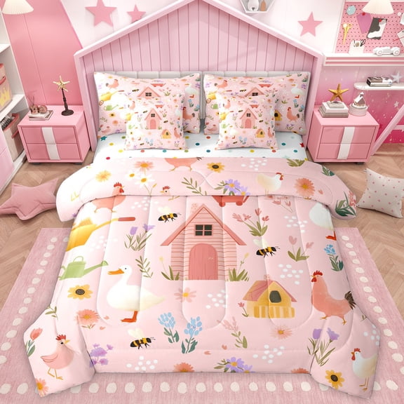Homewish Western Farm 7-Piece Twin Bedding Sets,Country Farmhouse Lodge Bedding Comforter Set,Kawaii Duck Chicken Bee Sheet Sets For Girl Teens,Ultra Soft Home Decor Reversible