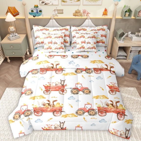 Homewish Western Farmhouse 7-Piece Bedding Comforter Set,Cute Cow Rabbit King Bedding Sets,Red Farm Truck Bed Sheets For Boys Teens,Breathable Home Decor Reversible