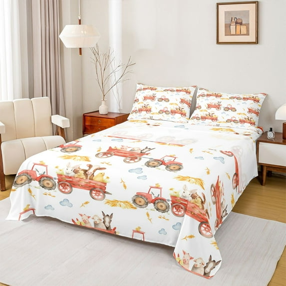 Homewish Western Farmhouse Full Size Sheets,Cute Cow Rabbit Bed Sheets,Red Farm Truck Sheet Sets For Boys Teens,Breathable Home Decor,4pcs