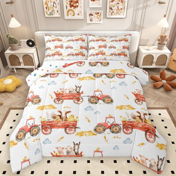 Homewish Western Farmhouse Queen Comforter Set,Cute Cow Rabbit Bedding Sets,Red Farm Truck Bedding Comforter Set For Boys Teens,Breathable Home Decor Reversible,3-Piece