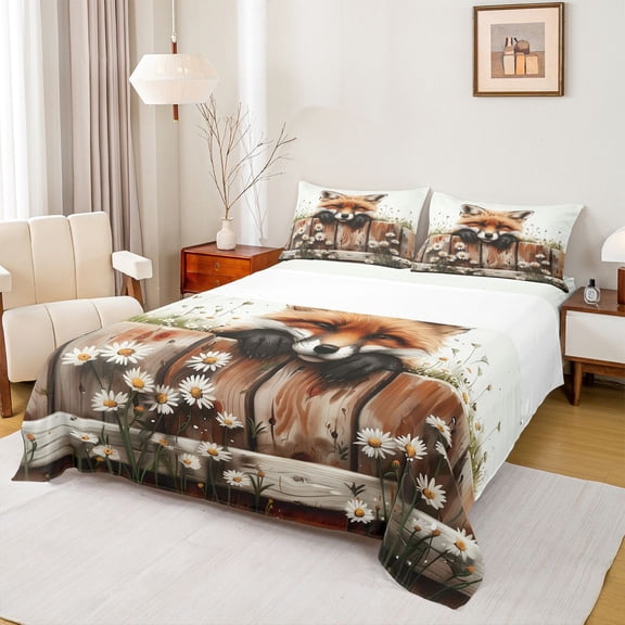 Homewish Western Fox Child Bed Sheets, Rustic Farmhouse Animal King Sheets, Groovy Daisy Floral Sheet Set, Super Cozy Room Decor, 4-Piece