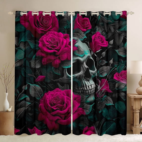 Homewish Western Gothic Skull Blackout Curtains Set of 2 (52x84 Each), Couple Valentines Day Window Curtains, Pink Flower Floral Curtains and Drapes, Window Curtains Decor