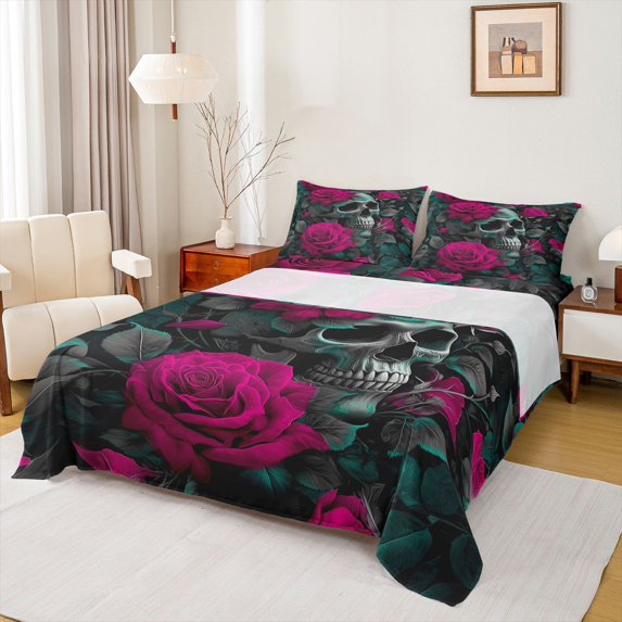 Homewish Western Gothic Skull Queen Sheet Sets, Couple Valentines Day Flat Sheet, Pink Flower Floral Queen Fitted Sheet, Super Cozy Room Decor, 4-Piece