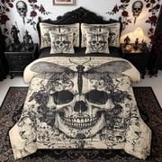 Homewish Western Gothic Skull Twin Bedding for Kids, Antique Dragonfly Floral Bedding Comforter Set, Black Reversible, 7-Piece