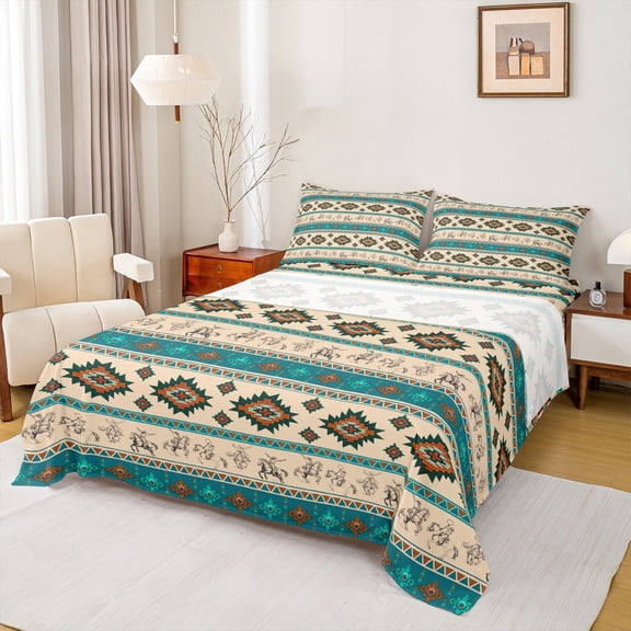 Homewish Western Hippie Aztec Bed Sheets for Adult, Cowboy Cowgirl King Sheets, Wheat Teal Triangle Abstract Sheet Set, Breathable Home Decor, 4pcs