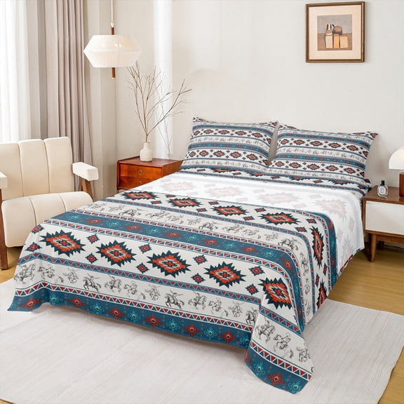Homewish Western Hippie Aztec Full Size Sheets for Adult, Cowboy Cowgirl Bed Sheets, Blue Orange Triangle Abstract Sheet Sets, Breathable Home Decor, 4pcs