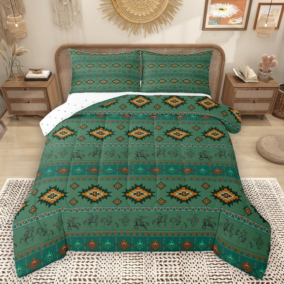 Homewish Western Hippie Aztec Queen Comforter Set for Adult, Cowboy Cowgirl Bedding Sets, Green Triangle Abstract Reversible Bedding Comforter Set, Lightweight Room Decor, 3pcs