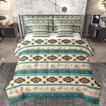 Homewish Western Hippie Aztec Twin Bedding Sets 7-Piece for Adult, Cowboy Cowgirl Bedding Comforter Set, Wheat Teal Triangle Abstract Reversible Sheet Sets, Breathable Home Decor