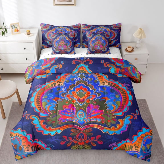 Homewish Western Hippie Damask Bedding Comforter Set 7-Piece for Adult, Retro Mandala Flower King Bedding Sets, Rustic Farmhouse Style Reversible Bed Sheets, Luxury Bedroom Decor