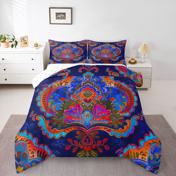 Homewish Western Hippie Damask Queen Comforter Set for Adult, Retro Mandala Flower Bedding Sets, Rustic Farmhouse Style Reversible Bedding Comforter Set, Luxury Bedroom Decor, 3pcs