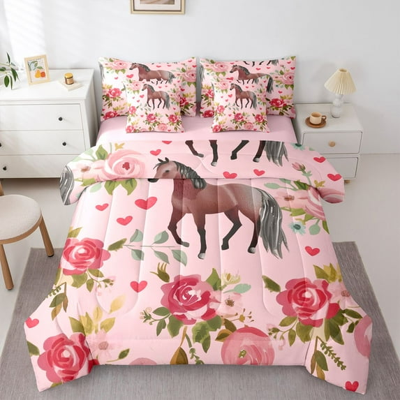 Homewish Western Horse Animal Bedding Comforter Set 7 Pieces, Romantic Pink Rose Full Bedding Set, Teens Kisd Women Girls Reversible Fitted Sheet Flat Sheet, Microfiber Bedroom Decor