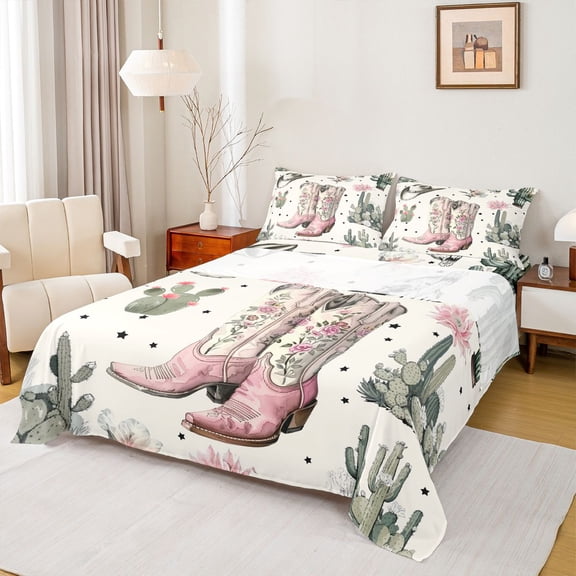 Homewish Western Princess Boot Twin Sheet Sets, Hippie Cactus Botanical Plant Twin Fitted Sheet, Vintage Bohemian Flat Sheet, Microfiber Bedroom Decor, 3 Pieces