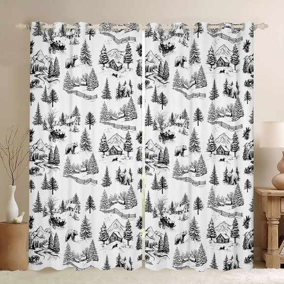 Homewish Western Rustic Cabin Blackout Curtains Set of 2 (52x84 Each) for Child, Jungle Bear Wildlife Window Curtains, Black Cartoon Tree Curtains and Drapes, Curtains and Drapes Home Decor